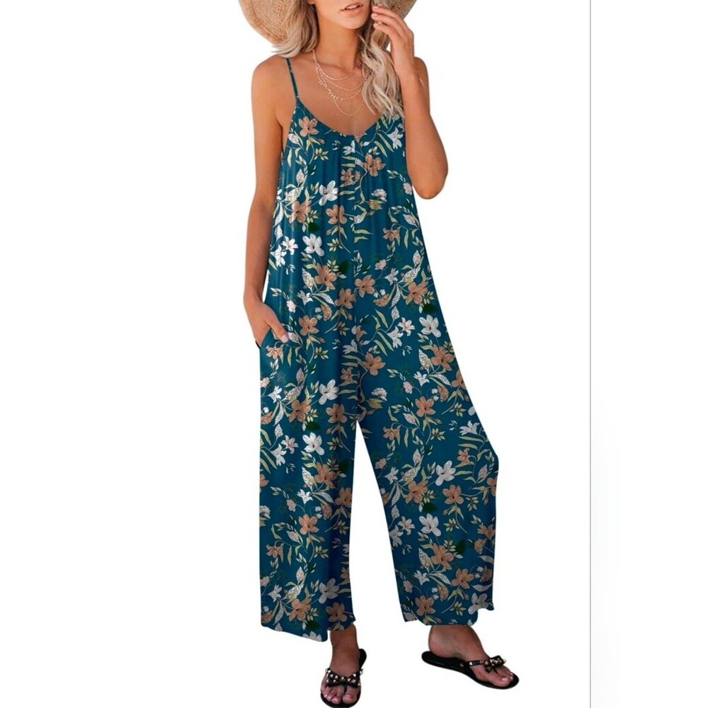 Amazon XXL Floral Wide-Leg Jumpsuit Blue 4031-